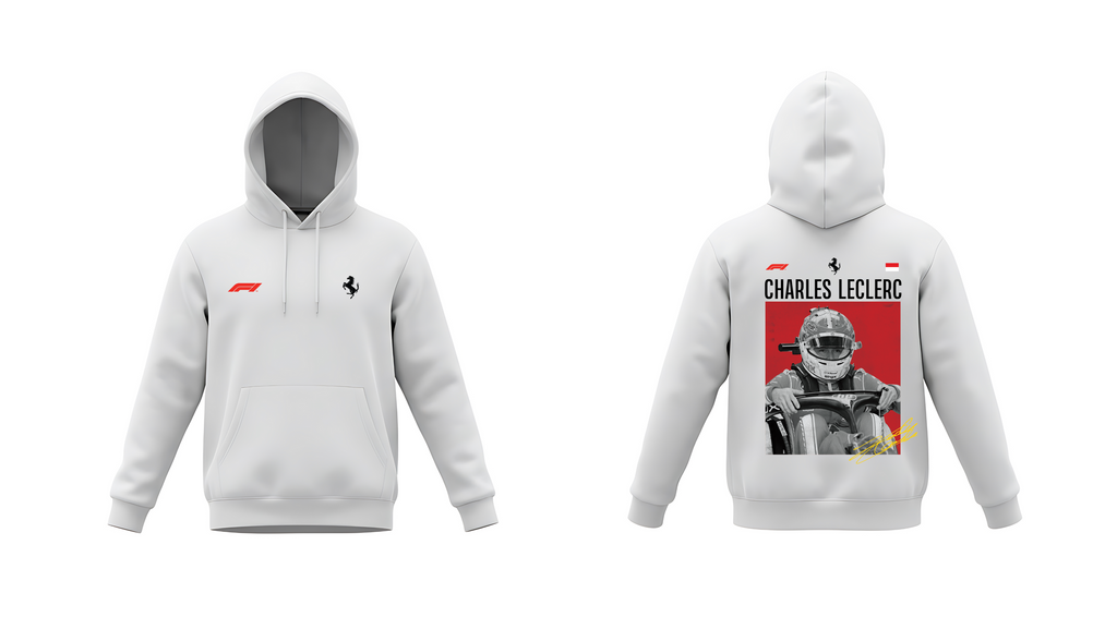 Charles Leclerc Racing Graphic White Hoodie – Premium F1 Motorsport Front & Back Print