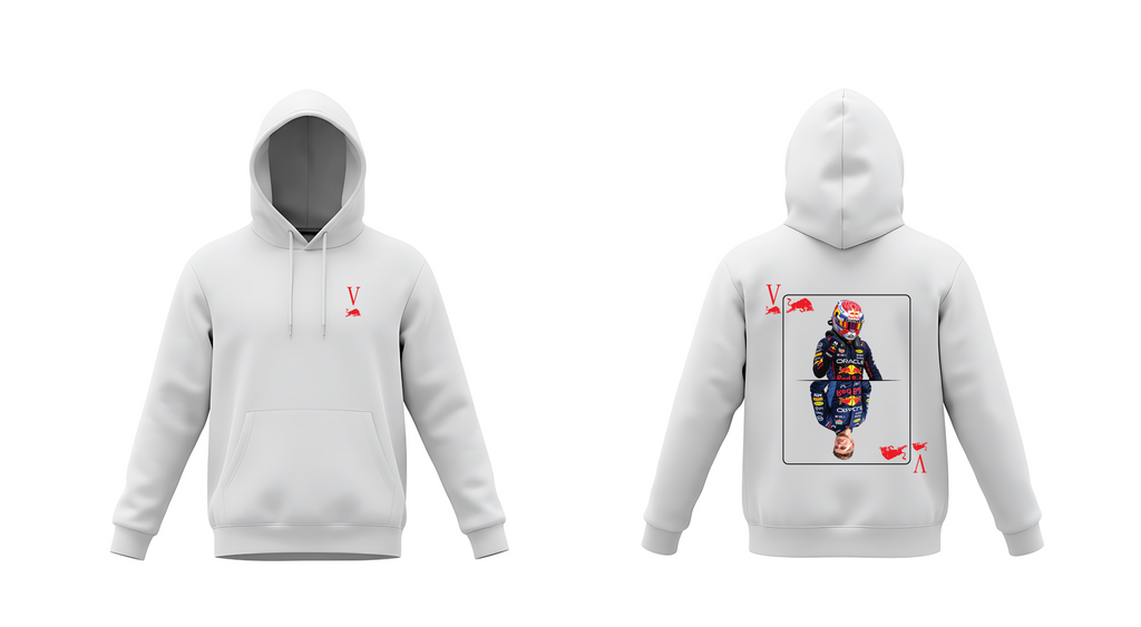 Verstappen Racing Card Graphic White Hoodie – Front & Back Motorsport Print