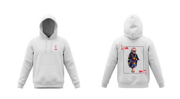 Verstappen Racing Card Graphic White Hoodie – Front & Back Motorsport Print