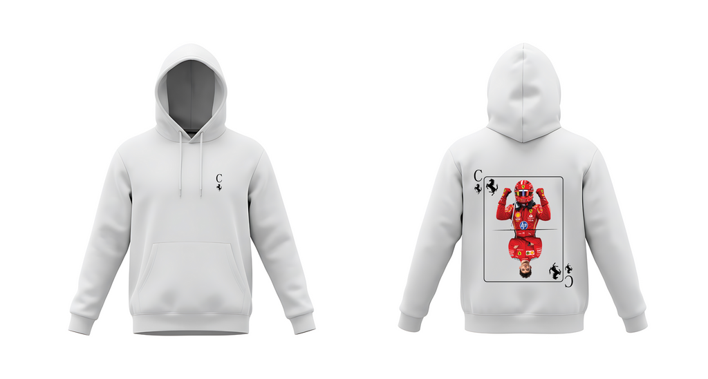 Charles Leclerc Racing Card Graphic White Hoodie – Ferrari-Inspired Motorsport Back Print
