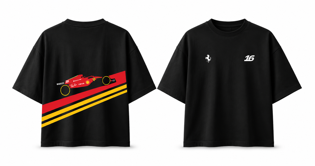 Leclerc 16 Ferrari Racing Oversized Black T-Shirt – Motorsport Car Graphic