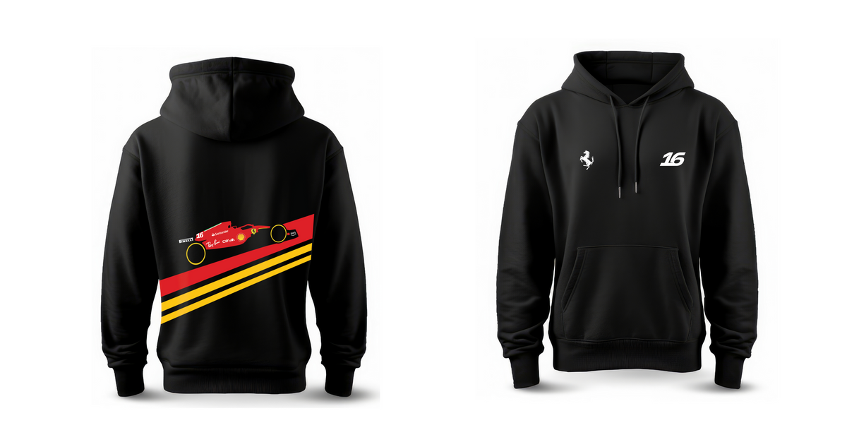 Leclerc 16 Ferrari Racing Black Hoodie – Motorsport Car Graphic Front & Back Print