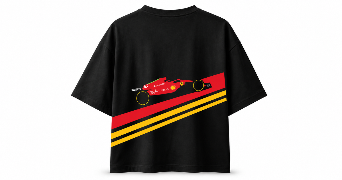 Leclerc 16 Ferrari Racing Oversized Black T-Shirt – Motorsport Car Graphic