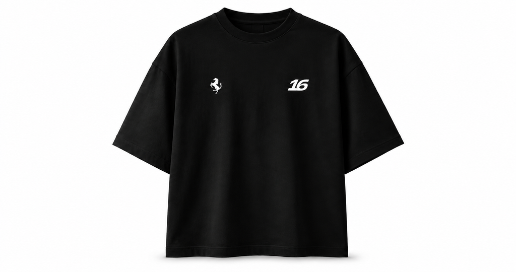 Leclerc 16 Ferrari Racing Oversized Black T-Shirt – Motorsport Car Graphic