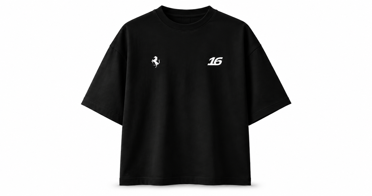 Leclerc 16 Ferrari Racing Oversized Black T-Shirt – Motorsport Car Graphic
