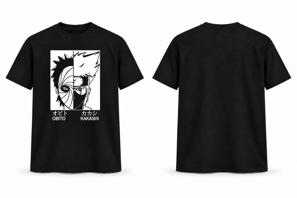 Obito & Kakashi Split Face Black Graphic T-Shirt