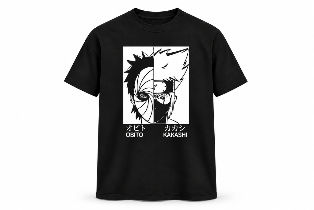 Obito & Kakashi Split Face Black Graphic T-Shirt