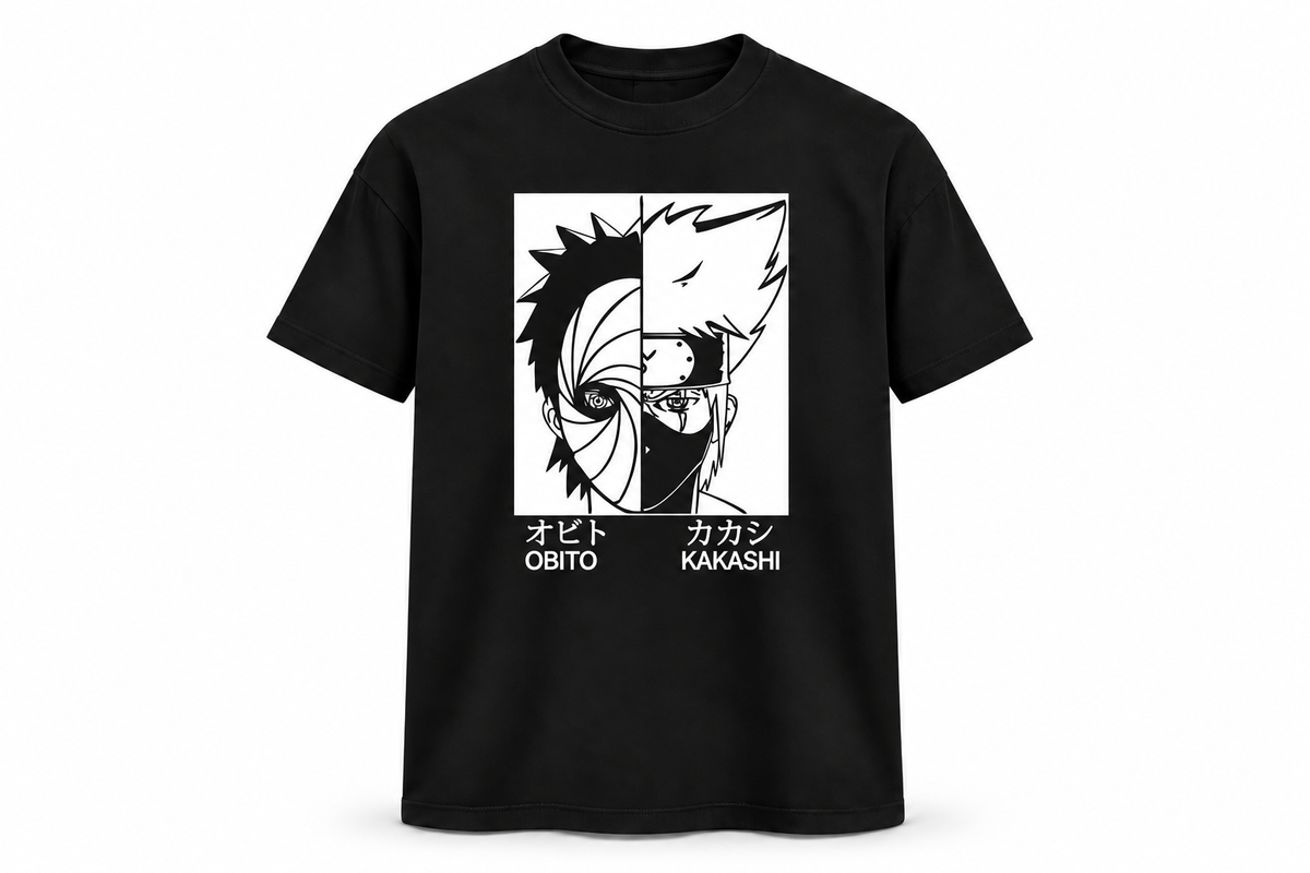 Obito & Kakashi Split Face Black Graphic T-Shirt
